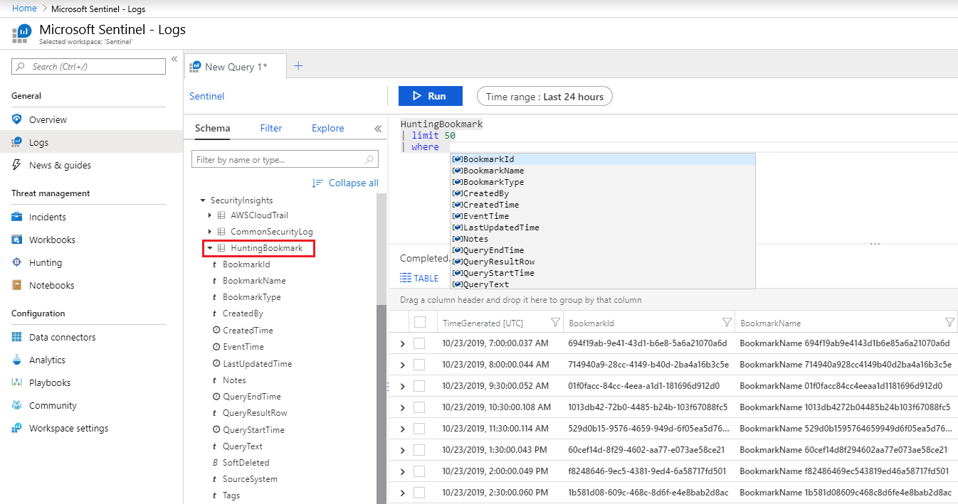Capture d’écran de la table des signets de repérage dans l’espace de travail Log Analytics.