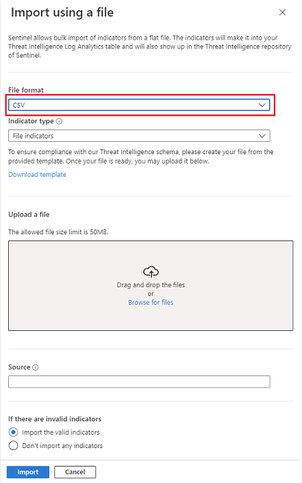 Capture d’écran montrant le menu déroulant pour charger un fichier CSV ou JSON, choisir un modèle à télécharger et spécifier une source.