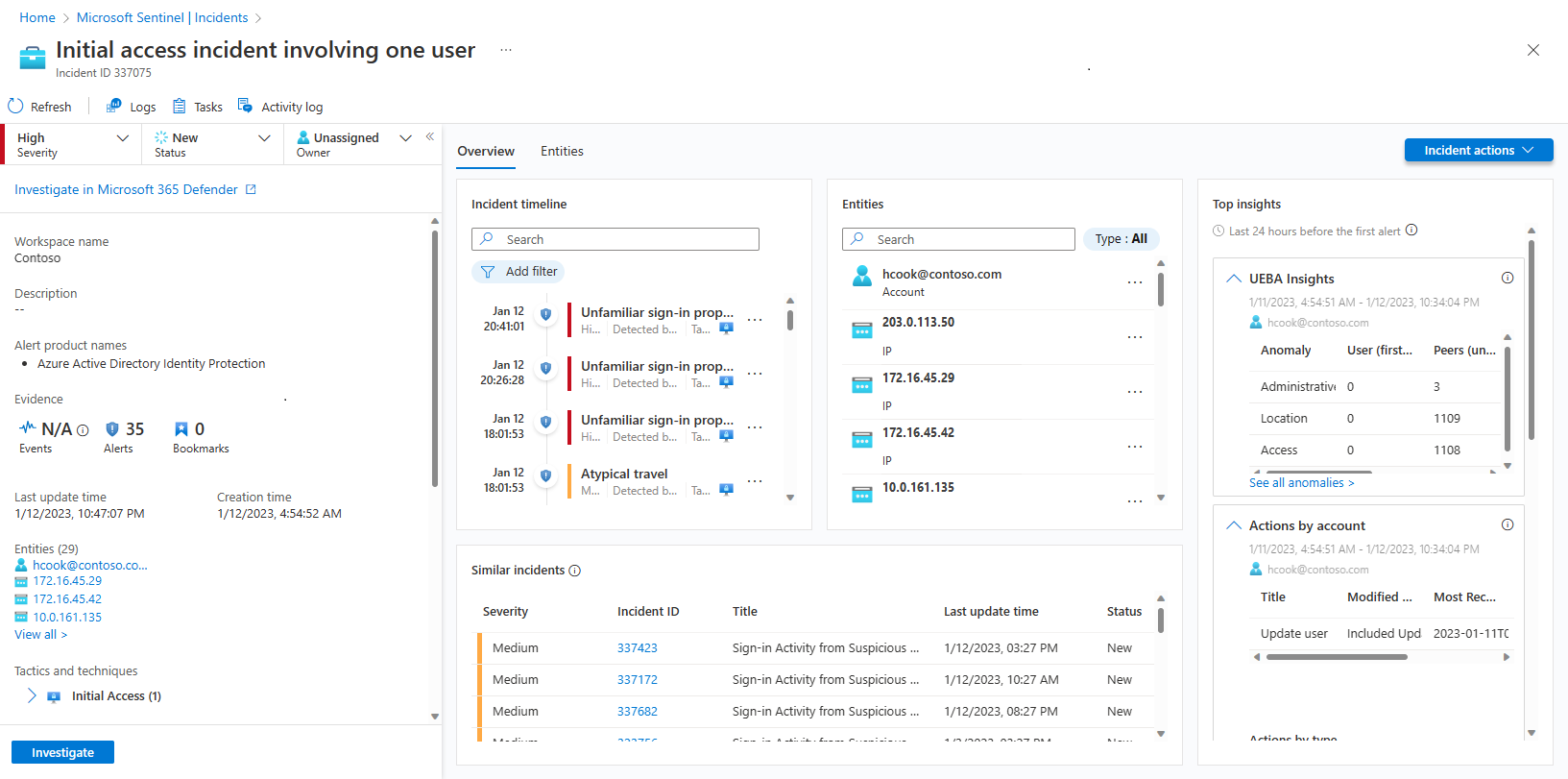 Capture d’écran de la page des détails de l’incident, avec l’onglet Vue d’ensemble.