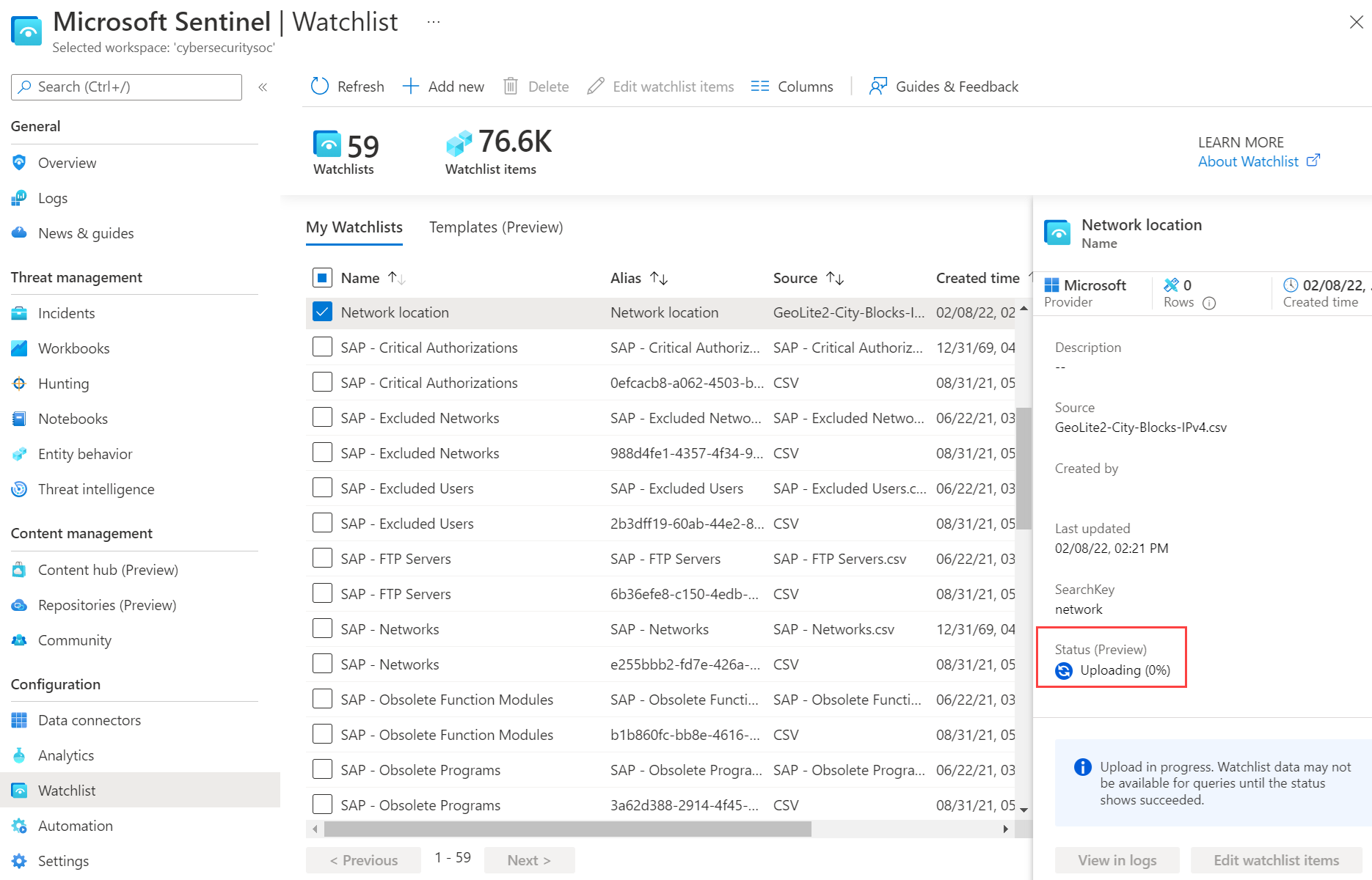 Capture d’écran montrant l’état de chargement dans la watchlist.