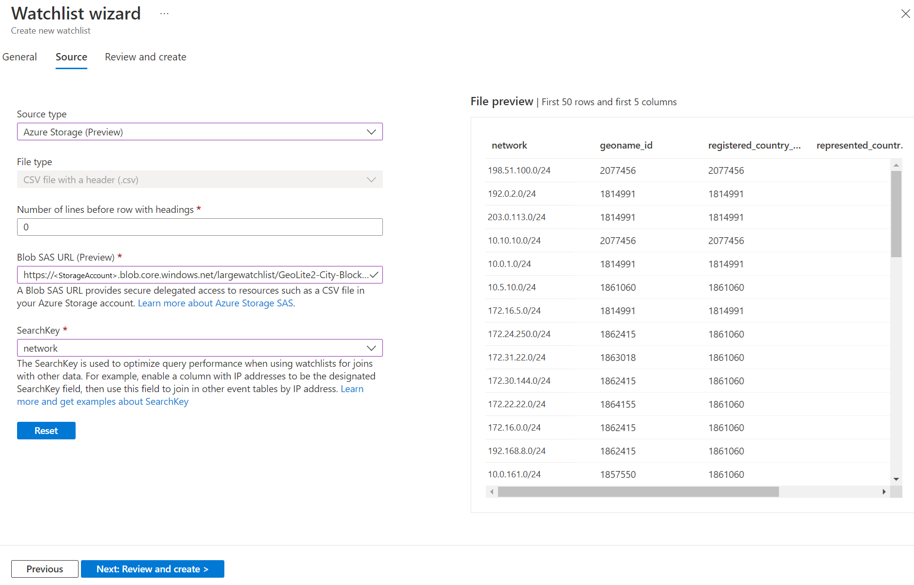 Capture d’écran de la page source watchlist avec des exemples de valeurs entrées.
