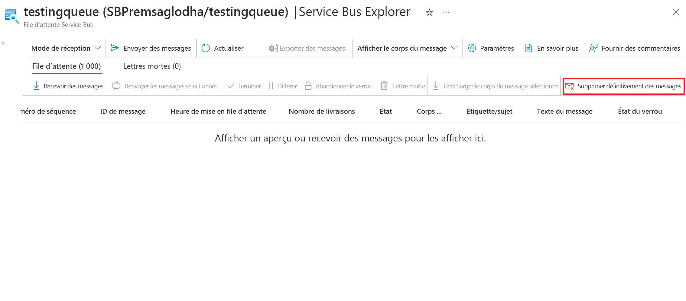 Capture d'écran indiquant le bouton de purge des messages.