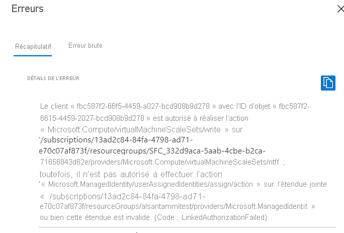 Erreur de déploiement du portail Azure indiquant que le client possédant l’ID d’objet/application du SFRP n’est pas autorisé à effectuer une activité de gestion des identités