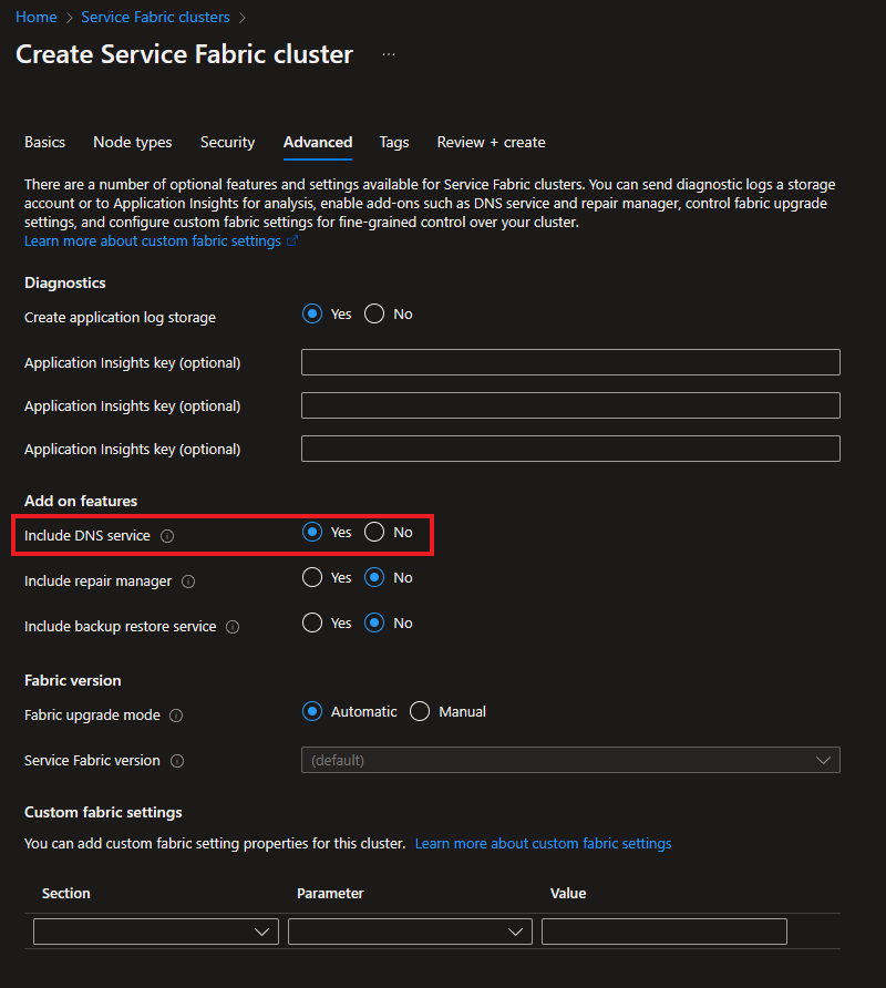 Capture d’écran de l’activation du service DNS pour un cluster standard via le portail.