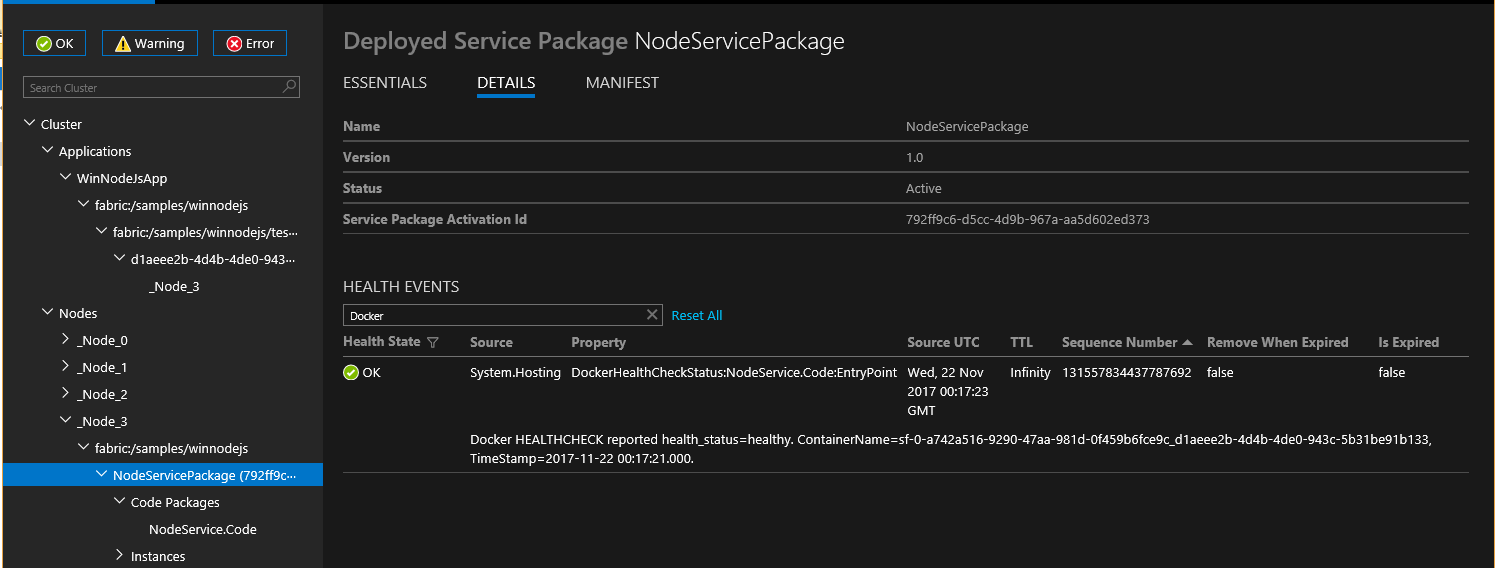 La capture d’écran montre les détails du package de services déployé NodeServicePackage.