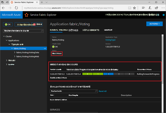 Screenshot of the Voting app in Service Fabric Explorer. An 