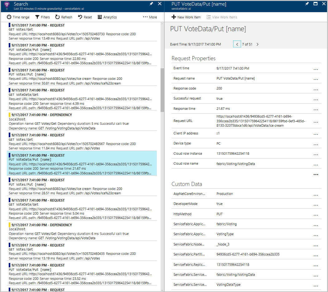 Capture d’écran montrant les détails d’une trace Application Insights.