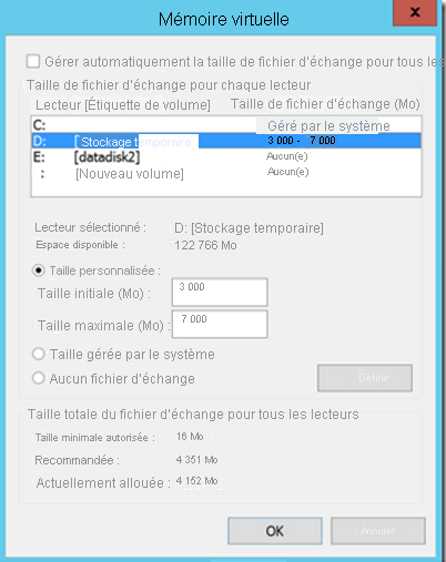 Paramètres du fichier d’échange sur la machine virtuelle Azure