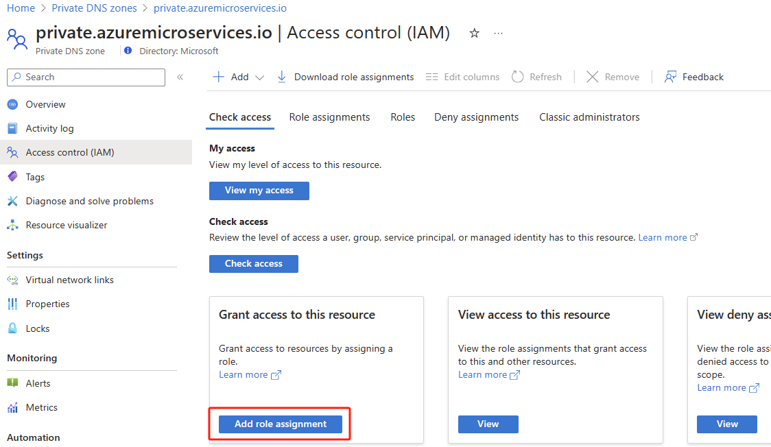 Capture d’écran de la page Contrôle d’accès (IAM) du portail Azure qui montre l’onglet Vérifier l’accès avec mise en évidence du bouton Ajouter une attribution de rôle.