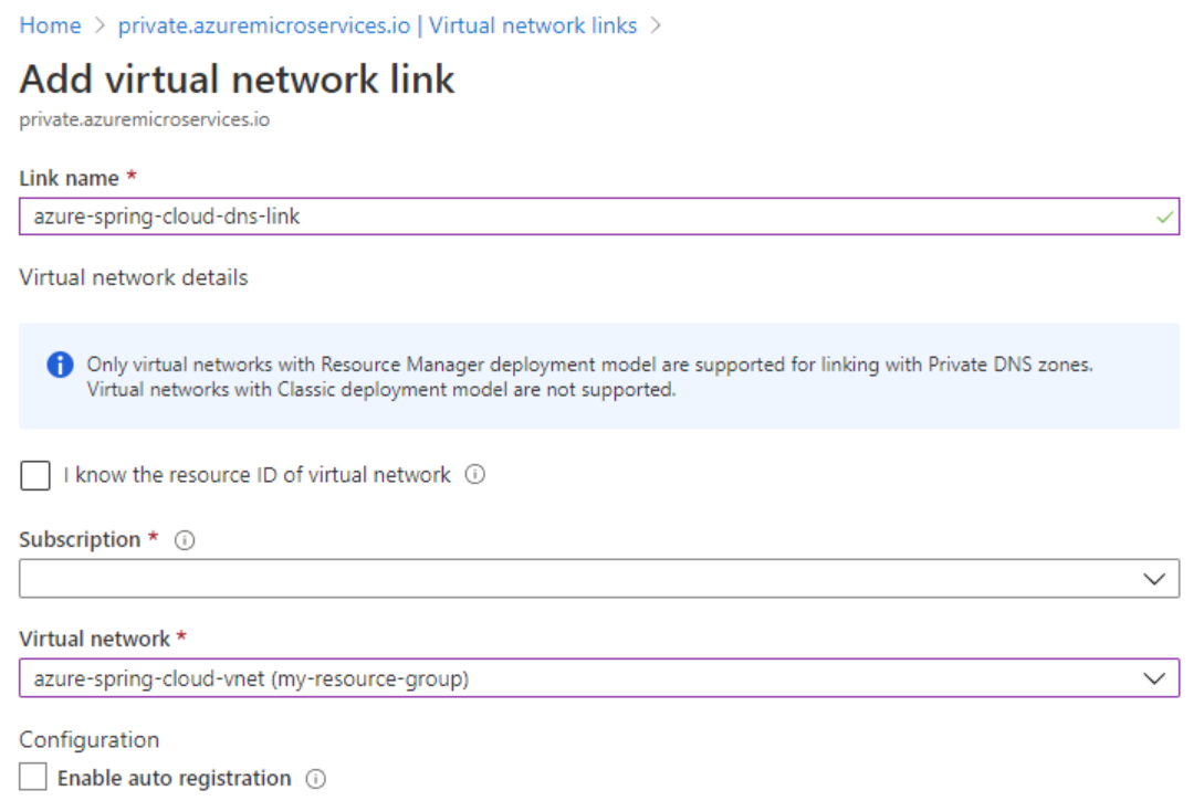 Capture d’écran du portail Azure montrant la page Ajouter un lien de réseau virtuel.