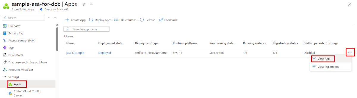 Capture d’écran du Portail Azure montrant la page Applications avec l’élément de menu contextuel Afficher les journaux d’activité mis en évidence.