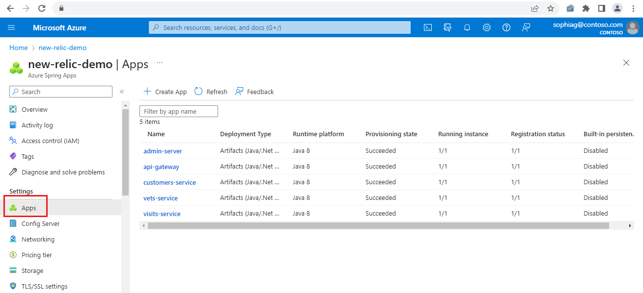 Capture d’écran du Portail Azure montrant la page Applications d’un instance Azure Spring Apps.