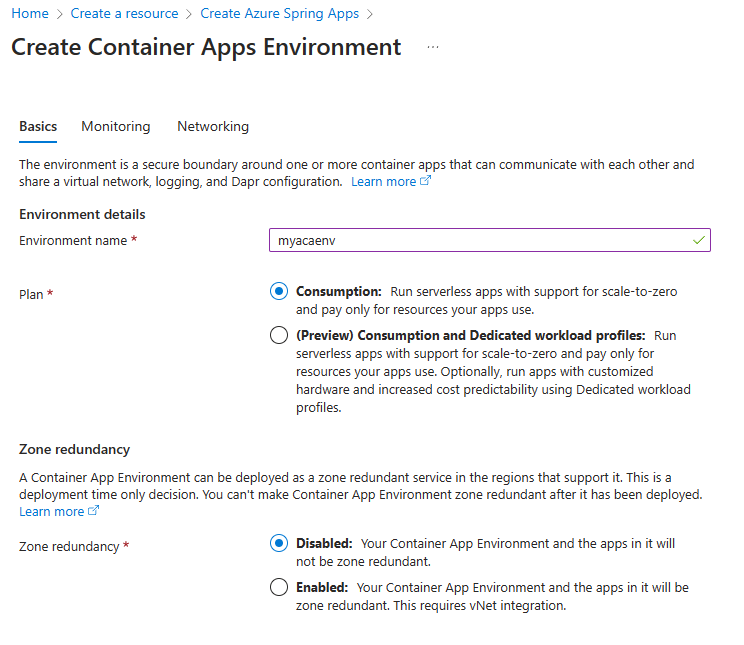Capture d’écran du Portail Azure montrant la page Créer un Environnement Container Apps avec plan de consommation sélectionné.