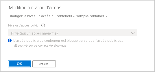 Screenshot showing that setting a container's anonymous access level is blocked when anonymous access disallowed for the account