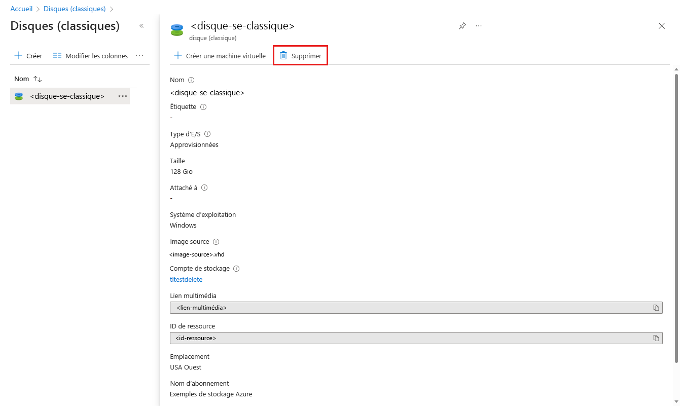 Capture d’écran montrant comment supprimer des artefacts de disque classiques dans le Portail Azure.