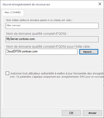 Capture d’écran illustrant le nouvel enregistrement de ressource pour une entrée DNS CNAME.