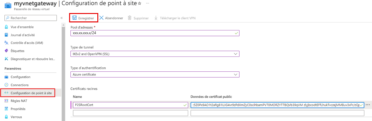 Capture d’écran montrant comment configurer un VPN point à site à l’aide du Portail Azure.