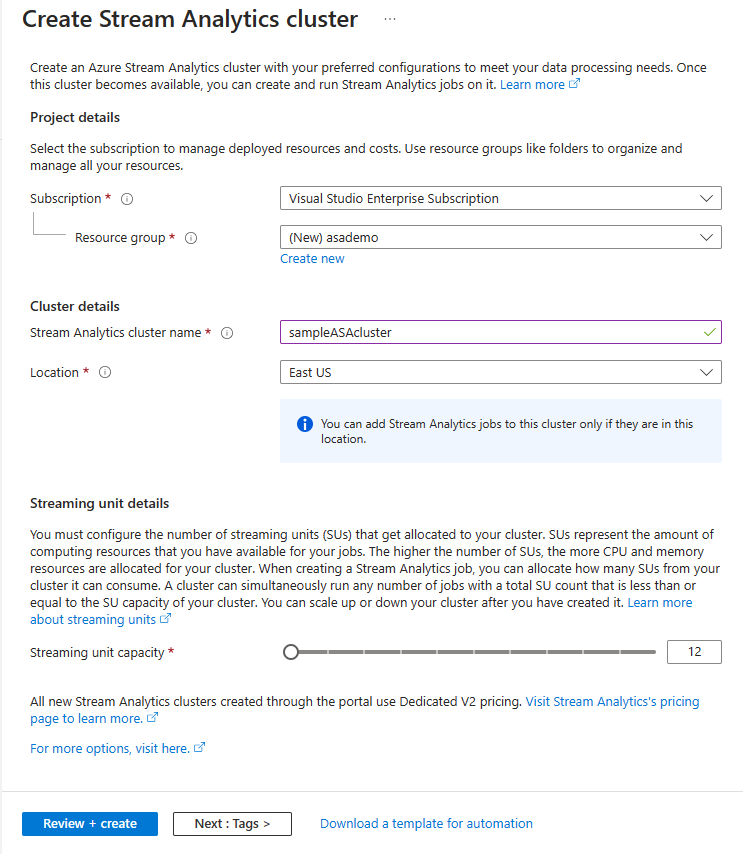 Capture d’écran montrant la page Créer un cluster Stream Analytics. 