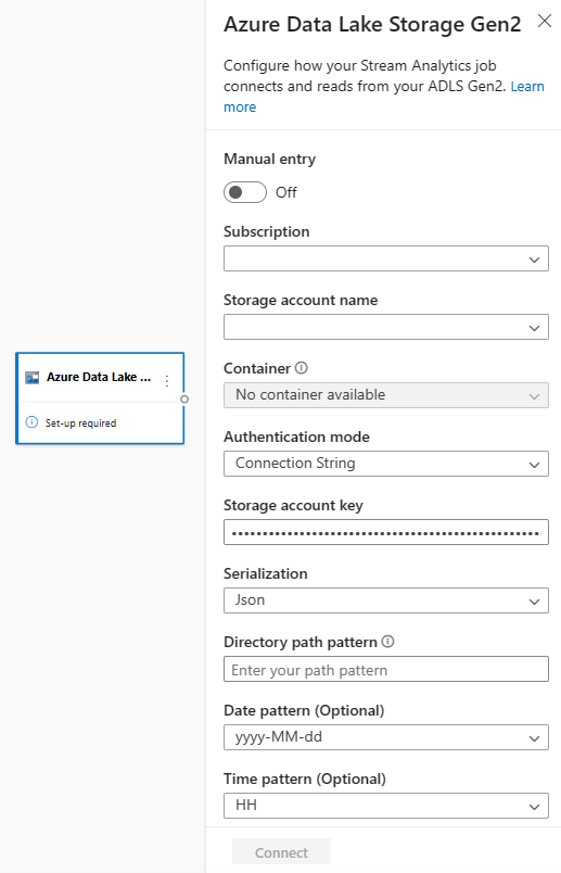 Capture d’écran montrant la configuration d’entrée d’Azure Data Lake Storage Gen2.