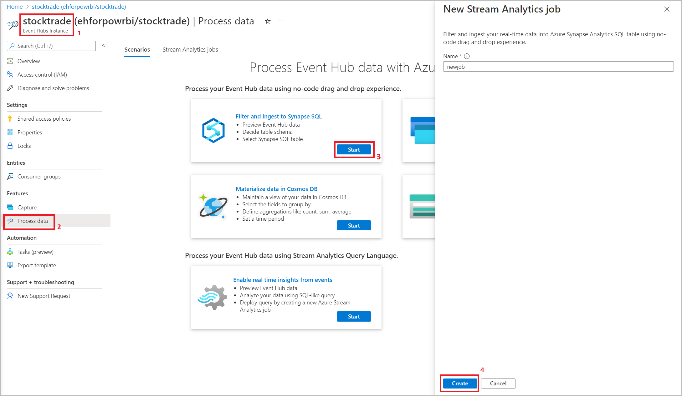 Capture d’écran montrant des sélections pour créer un nouveau travail Stream Analytics.