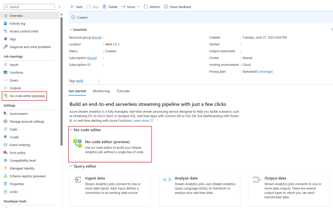 Capture d’écran montrant l’éditeur zéro code sur les emplacements du portail Azure Stream Analytics.