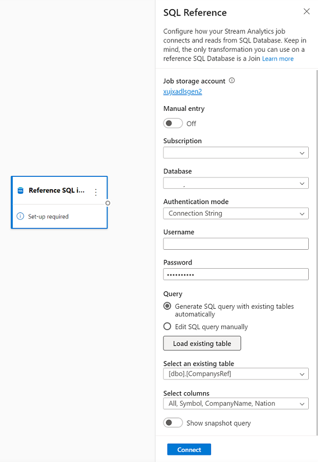 Capture d’écran montrant une configuration d’entrée de référence SQL Database.