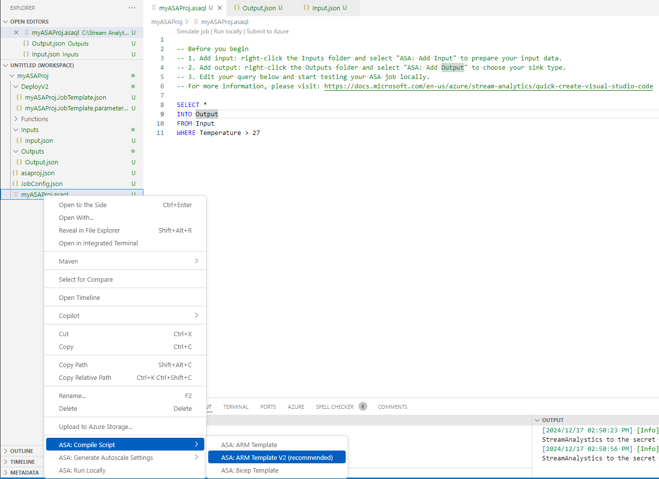 Capture d’écran montrant l’option de compilation de script à partir de l’explorateur Stream Analytics dans VS Code.