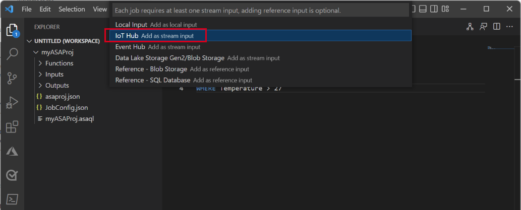 Capture d’écran illustrant la sélection de votre hub IoT dans la palette de commandes de VS Code.
