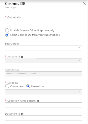 Capture d’écran des champs d’informations d’un flux de sortie Azure Cosmos DB.