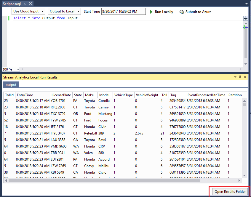 Ouvrir le dossier de résultats pour des données actives Visual Studio Azure Stream Analytics