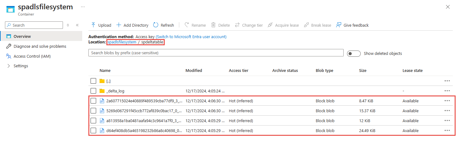 Capture d'écran montrant les fichiers parquet capturés dans Azure Data Lake Storage Gen 2.