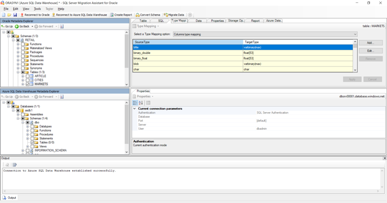 Capture d’écran montrant comment effectuer la migration de tables à partir d’un environnement Oracle vers Azure Synapse à l’aide de l’Assistant Migration SQL Server pour Oracle.