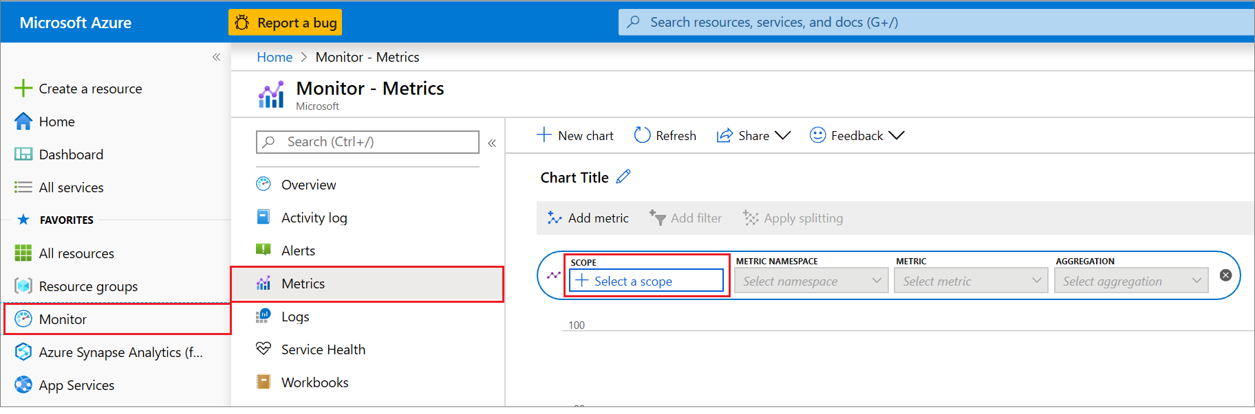 Capture d’écran montrant l’option Sélectionner une étendue sélectionnée dans Métriques sur le portail Azure.