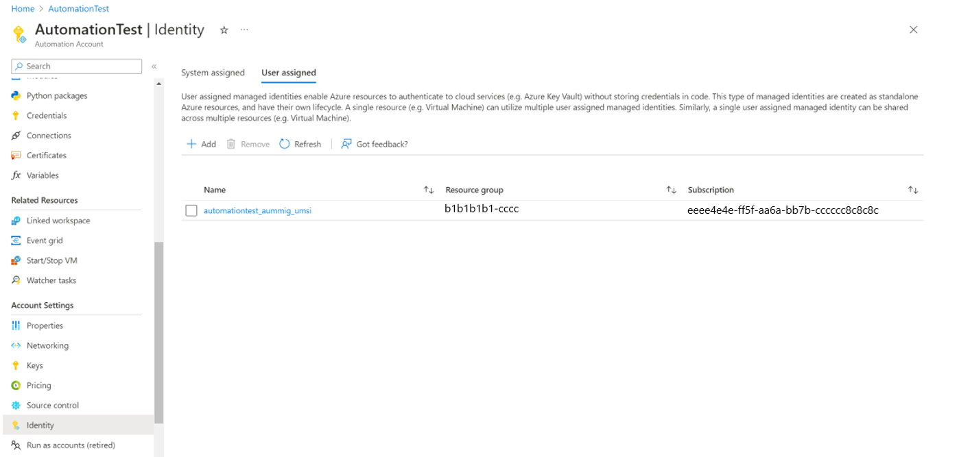 Capture d’écran montrant comment vérifier qu’une identité managée par l’utilisateur est créée.