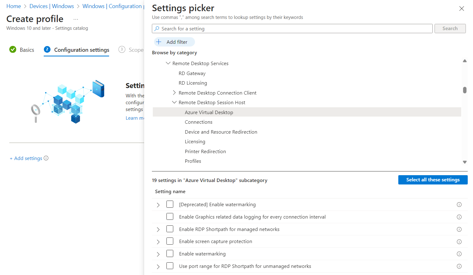 Capture d’écran montrant les options des modèles d’administration Azure Virtual Desktop dans le portail Microsoft Intune.