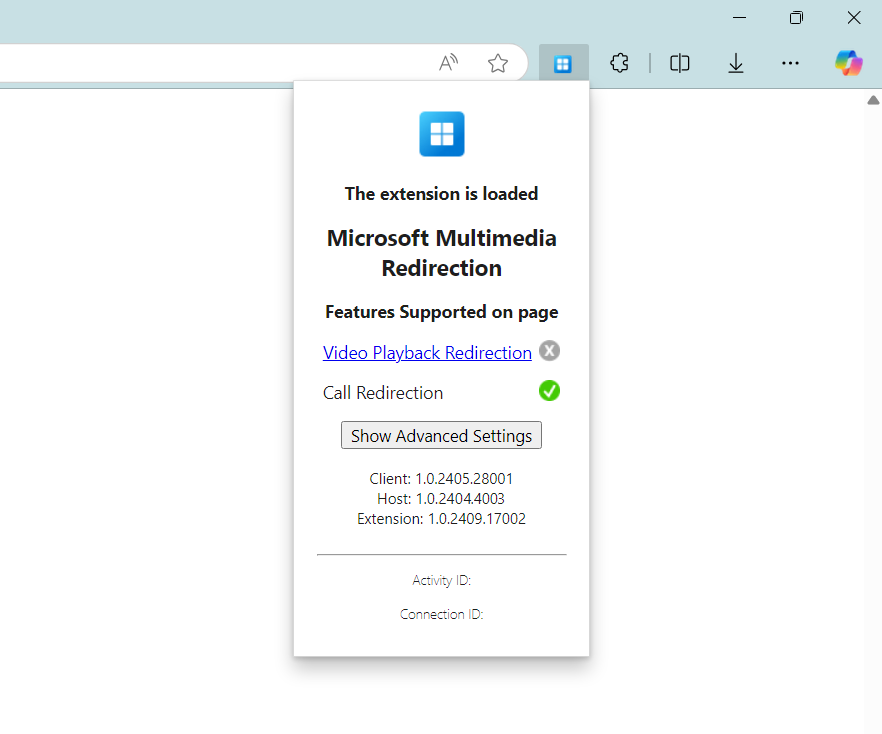 Capture d’écran de l’extension de redirection multimédia dans la barre d’extension Microsoft Edge avec redirection d’appels activée.