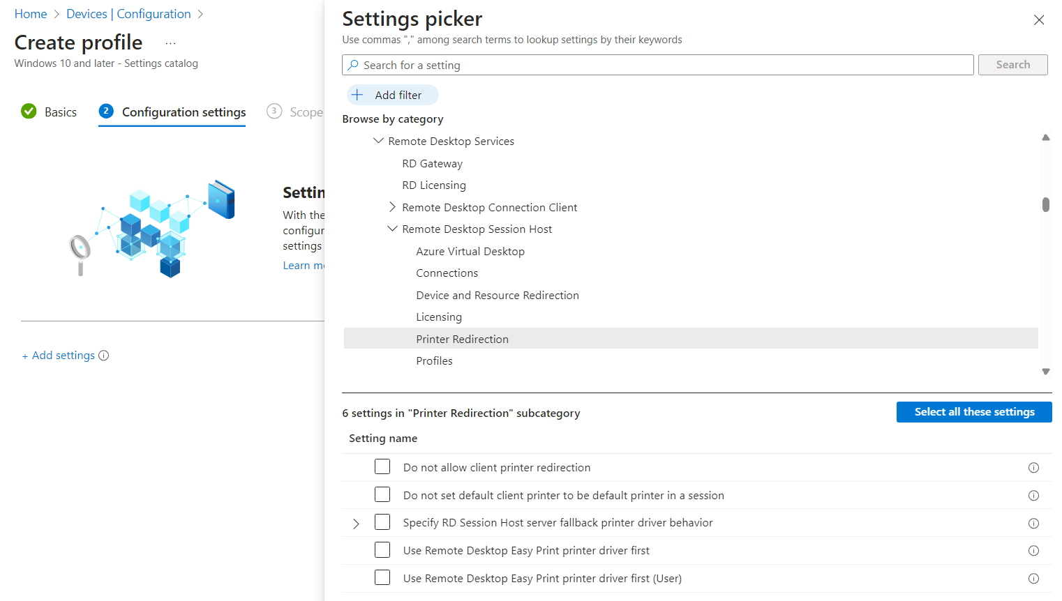 Capture d’écran montrant les options de redirection d’imprimante dans le portail Microsoft Intune.
