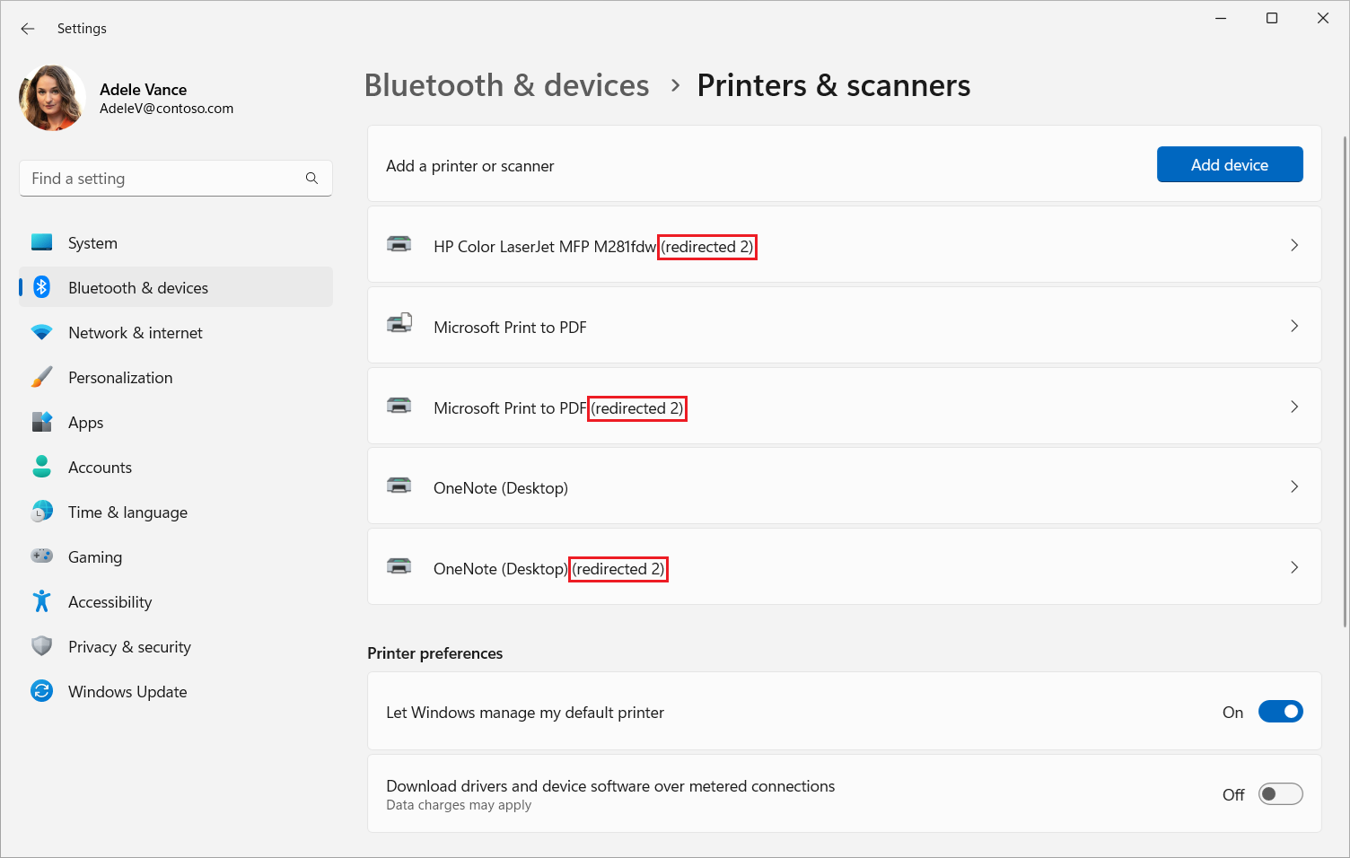 Capture d’écran montrant les imprimantes et les scanners disponibles dans la session à distance.