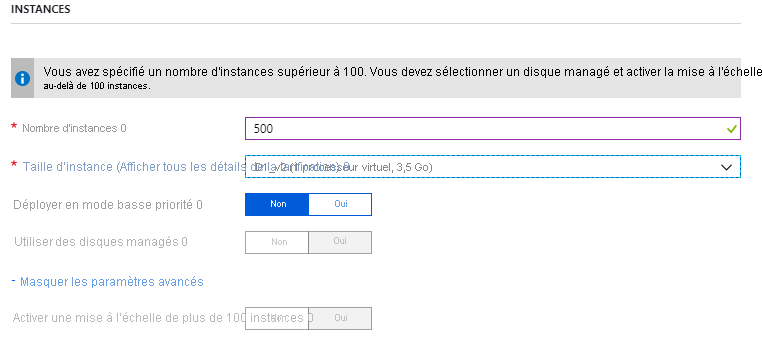 Cette image montre le panneau d’instances du portail Azure. Des options permettant de sélectionner le nombre et la taille des instances sont disponibles.
