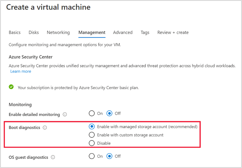 Capture d’écran montrant l’activation des diagnostics de démarrage managé pendant la création d’une machine virtuelle.