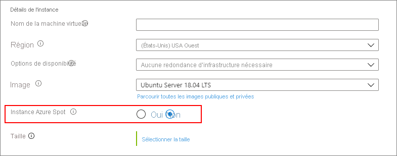 Capture d’écran du choix de Non, ne pas utiliser d’instance Azure Spot