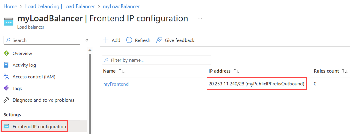 Capture d’écran de la page de configuration de l’adresse IP frontale de l’équilibreur de charge montrant le nouveau préfixe d’adresse IP publique.