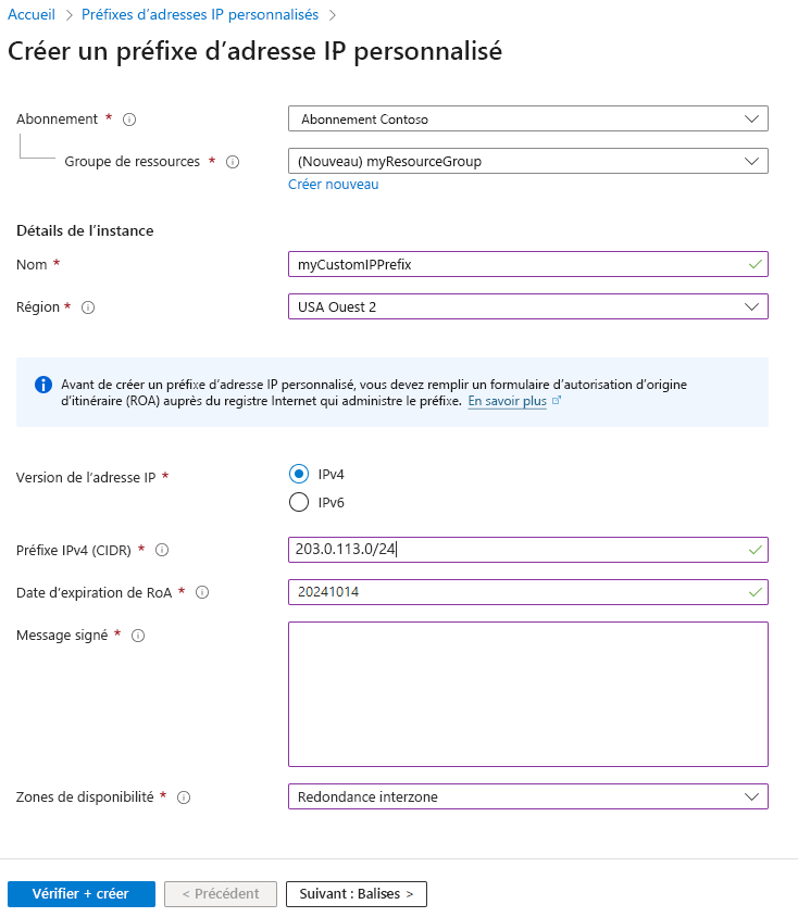 Capture d’écran de la création d’une page de préfixes d’adresses&nbsp;IP personnalisée dans le portail Azure.