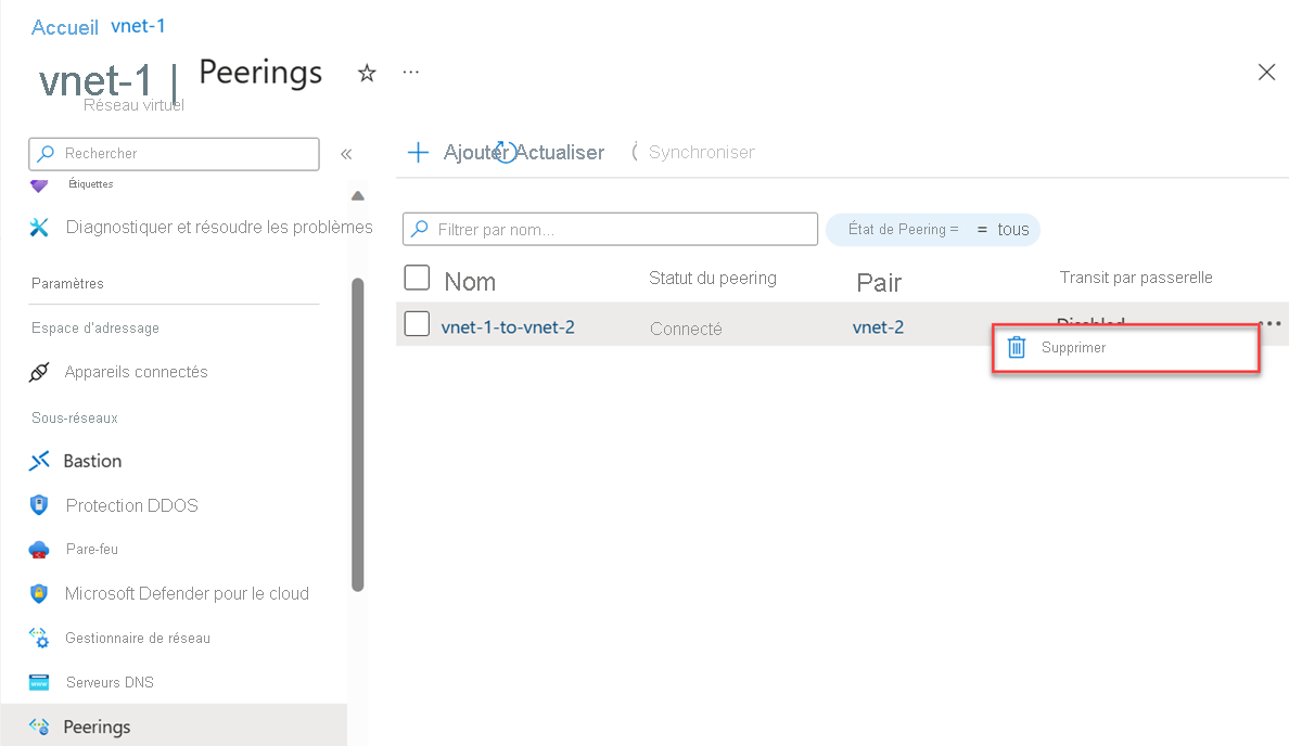 Screenshot of deleting a peering from the virtual network.