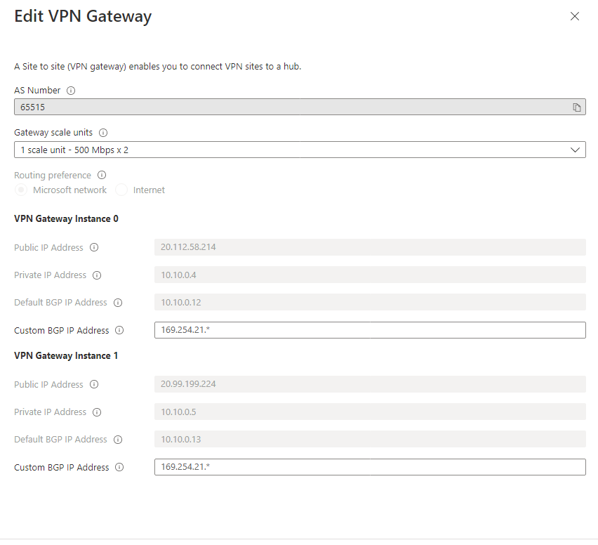 Capture d’écran montrant un exemple de configuration de passerelle VPN site à site.