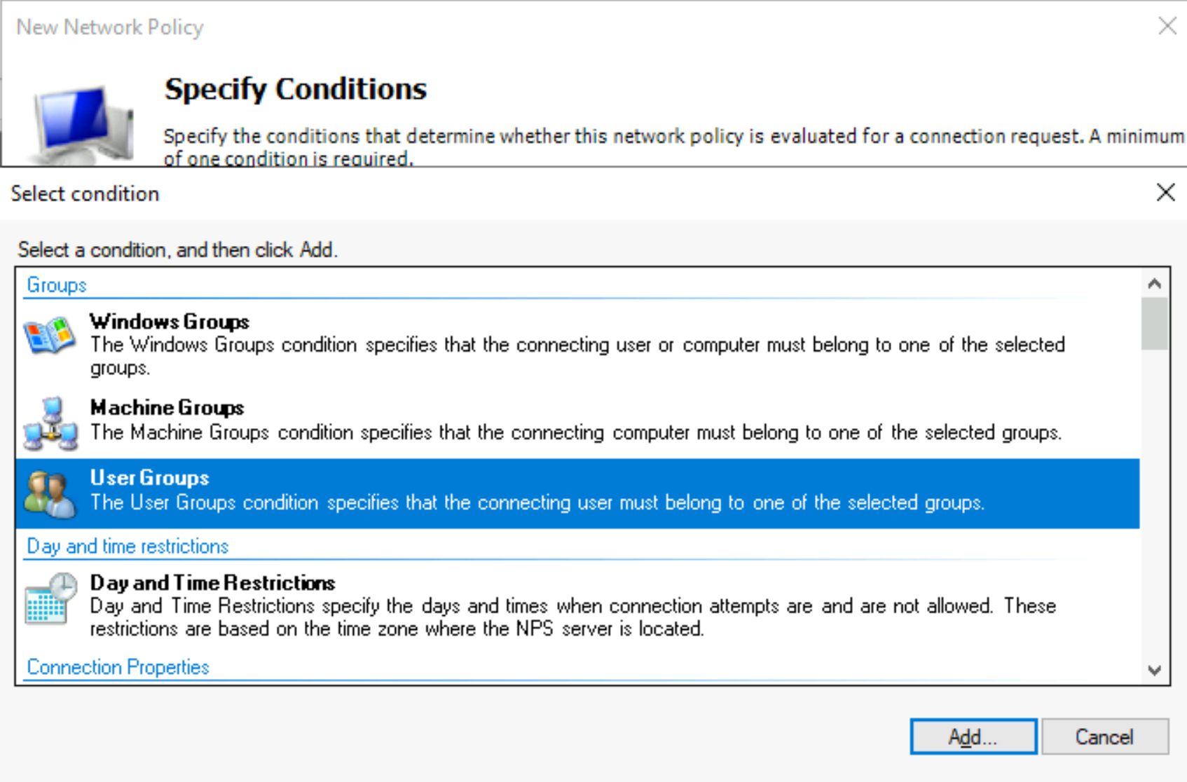 Capture d’écran montrant la spécification de conditions pour des groupes d’utilisateurs.