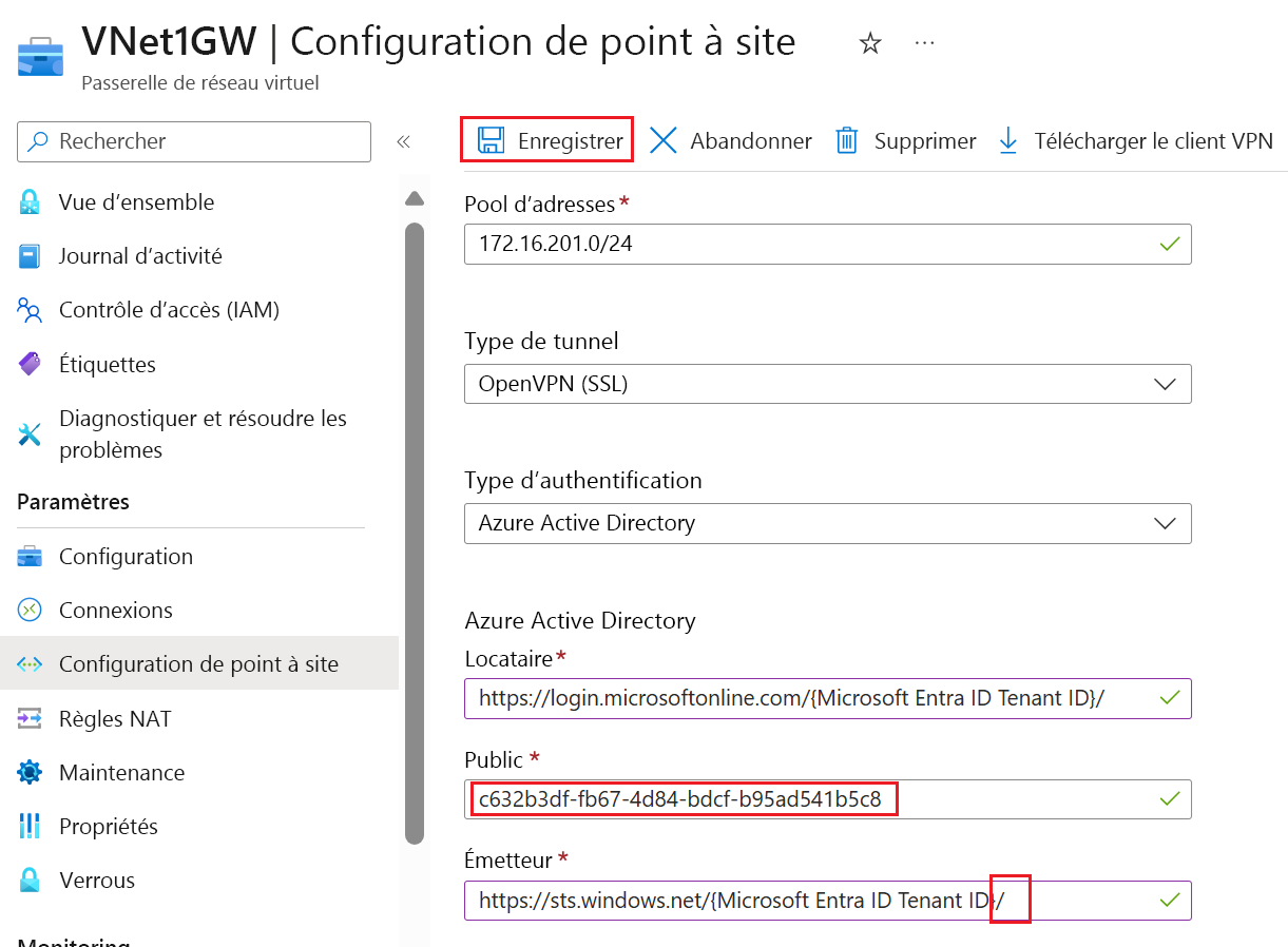 Capture d’écran montrant les paramètres du type de Tunnel, du type Authentification et des paramètres de Microsoft Entra.