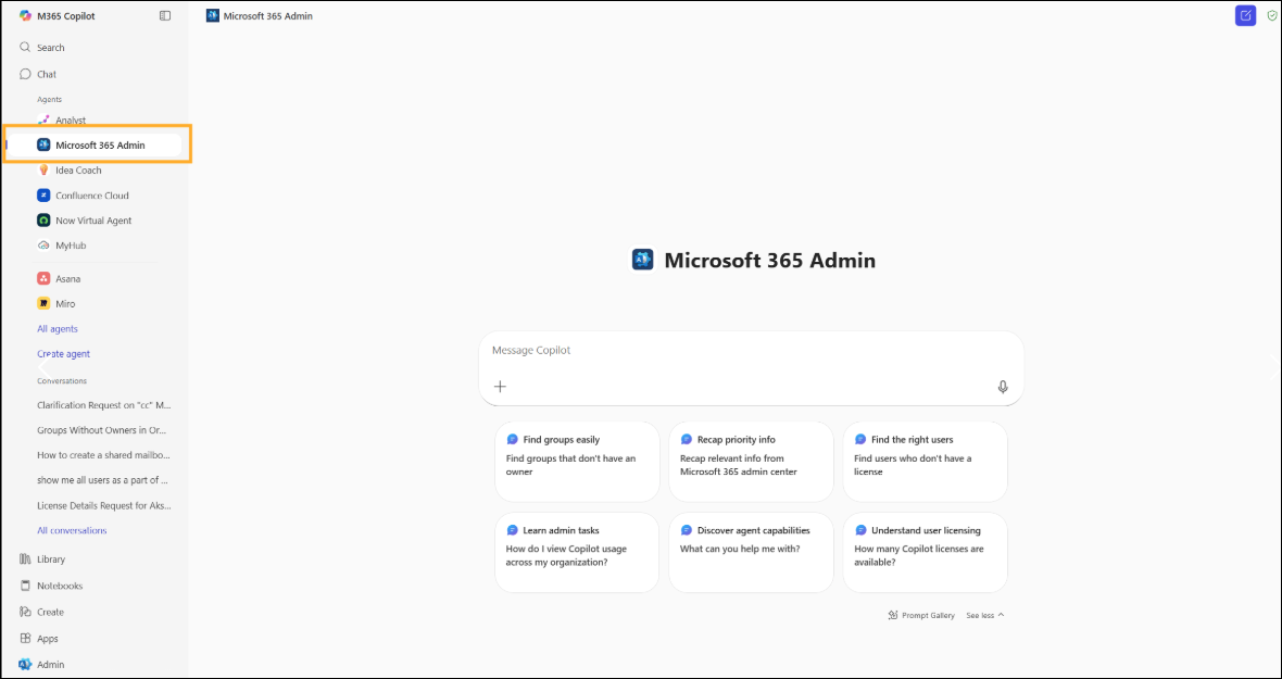 Capture d’écran de la page de l’agent d’administration Microsoft 365 montrant une sélection de l’agent d’administration Microsoft 365.