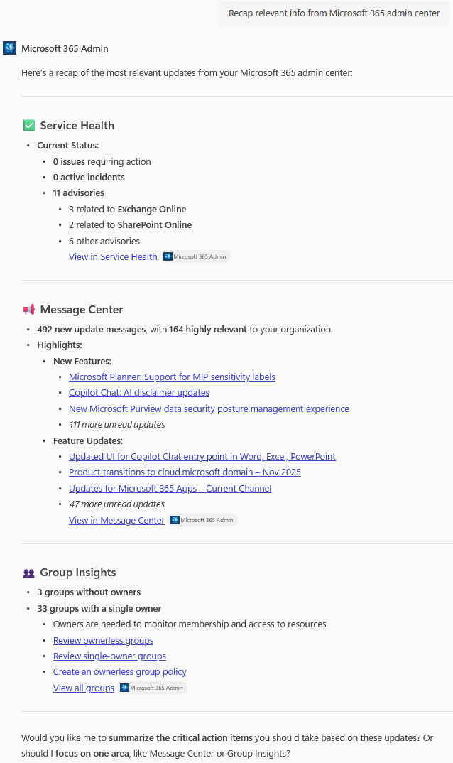 Capture d’écran de la page requête Copilot et réponse montrant la question : Récapitulation des informations pertinentes de Centre d’administration Microsoft 365.