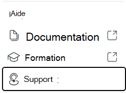 Capture d’écran montrant les options de menu de l’icône d’aide, notamment la documentation, la formation et le support.